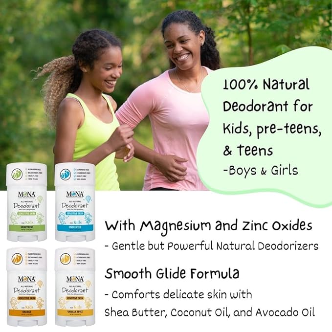 MONA All Natural Deodorant for Kids | Safe for Kids | Vegan, Hypoallergenic & Free from Baking Soda, Aluminum & Synthetic Scents (3-PK HONEYDEW 1.76 Oz each)