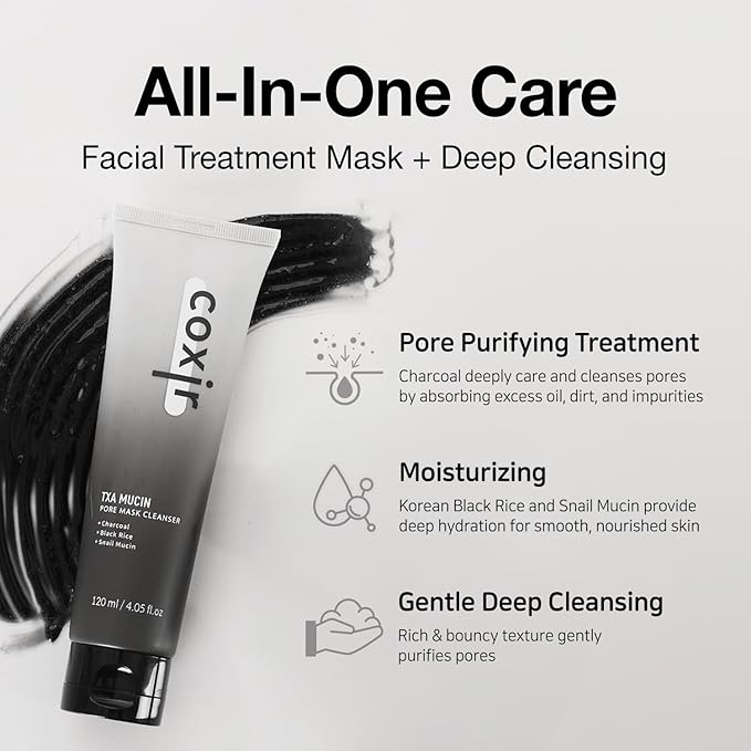 coxir TXA MUCIN ALL-IN-1 PORE MASK –Gelato Texture Wash-Off treatment | Ampoule Mask-to-Foam | Charcoal+ Snail+TXA | Blackhead Remover |Daily Pore Detox for Oily & Sensitive Skin|4.05fl.oz