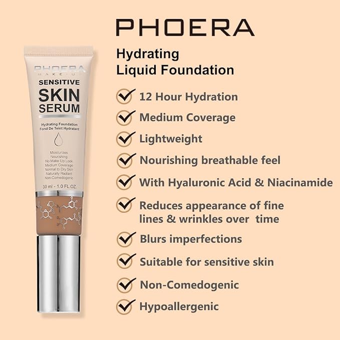 PHOERA Hydrating Serum Foundation,Flawless Full Coverage and Hypoallergenic Makeup Base Foundation. (N01 Porcelain, norm)
