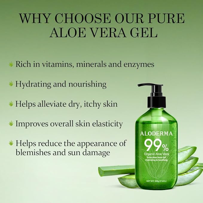 Aloderma 99% Organic Pure Aloe Vera Gel Made within 12 Hours of Harvest, 17.6oz Value Pump, Lightweight Non-Sticky Aloe Vera Gel for Sunburn Relief, Natural, Soothing Aloe Vera for Face & Hair