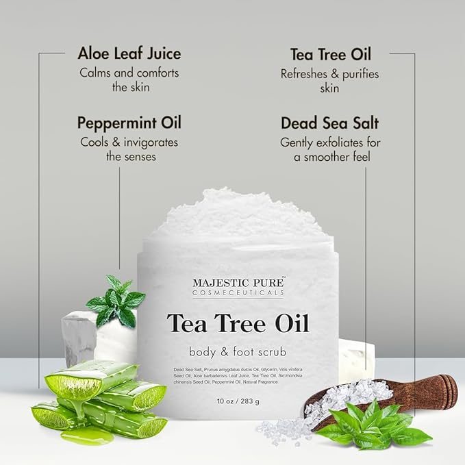 MAJESTIC PURE Tea Tree Foot & Body Scrub with Tea Tree Oil, Exfoliating Salt Scrub to Exfoliate & Moisturize Skin, Deep Cleansing - 10 oz