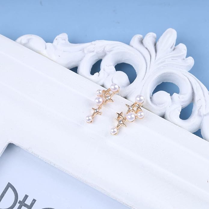 Vintage Pearl Star Earrings Rhinestone Pearl Drop Earrings Gold Crystal North Star Earrings Cz Northstar Studs Earrings Jewelry for Women