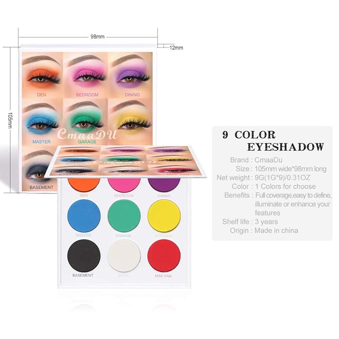 Rainbow Eyeshadow Palette - 9 Colors, High Pigmented, Bright Neon, Waterproof & Natural Finish