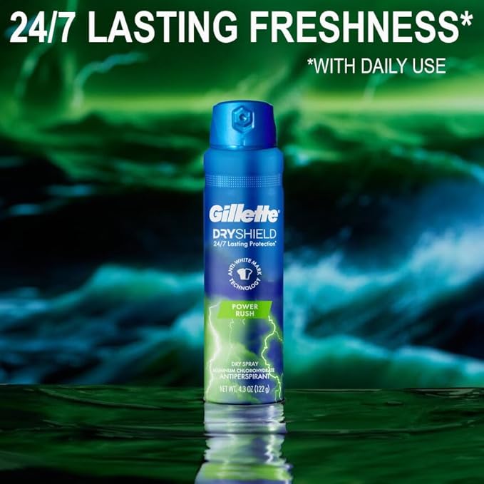 Gillette Dry Spray Antiperspirant and Deodorant for Men, 24/7 Sweat & Odor Protection, Anti-White Mark Technology, Power Rush Scent, 4.3 oz (Pack of 3)