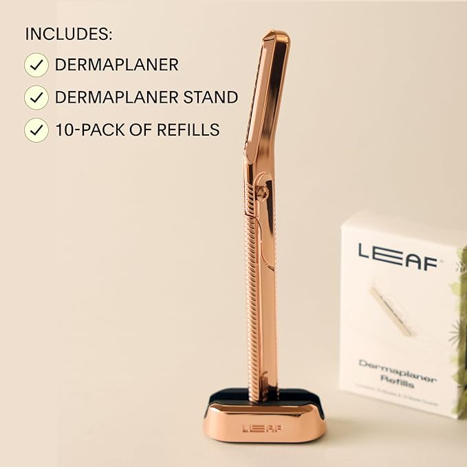 The Leaf Dermaplaner Kit, Fig - Plastic-Free Facial Razor and Exfoliating Tool Set; Includes 1x Dermaplaner, 1x Stand, 10x Refills