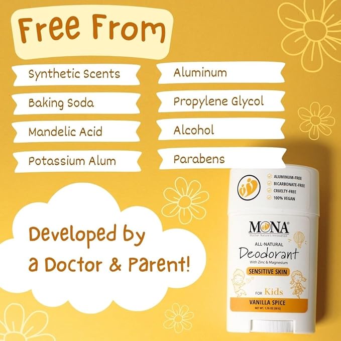 MONA BRANDS 100% Natural Deodorant for Kids | For Girls & Boys | Sensitive Skin | No Baking Soda | No Aluminum | Vegan, Non-GMO, Gluten and Cruelty free (2-PK VANILLA SPICE 1.76 Oz each)