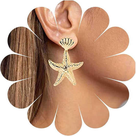 Vintage Starfish Dangle Earrings Starfish Drop Earrings Gold Metal Seashell Stud Earrings Hammered Starfish Earrings Jewelry for Women