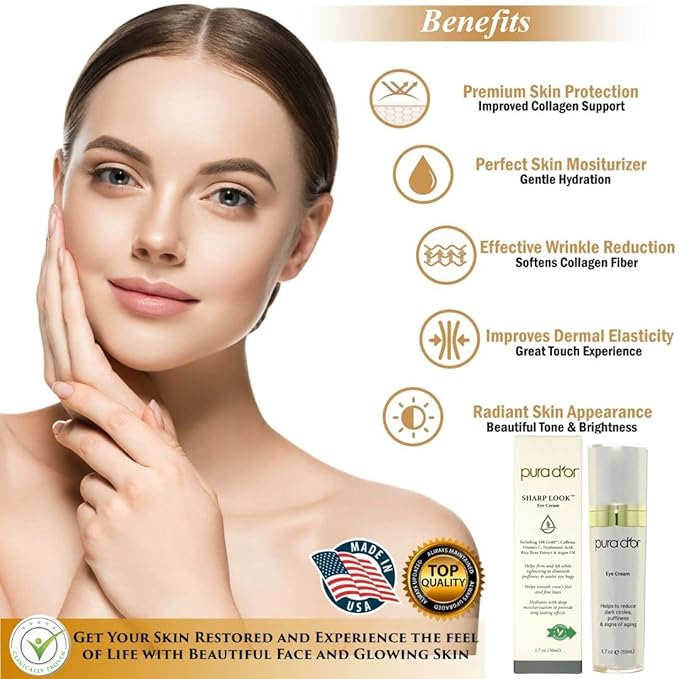 PURA D'OR Sharp Look Eye Cream (1.7oz) Youth-Enhancing Eye Cream For Firm Lift and Reduced Appearance of Wrinkles and Fine Lines, Puffiness and Under Eye Bags With 24K Gold