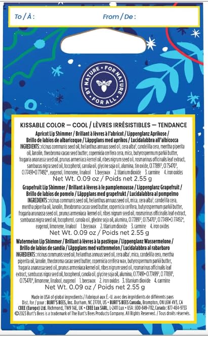 Burts Bees Kissable Colo, Apricot, Grapefruit, Watermelon Lip Shimmer Gift Set of 3 x 0.09 oz (2.55g) - 1 Count