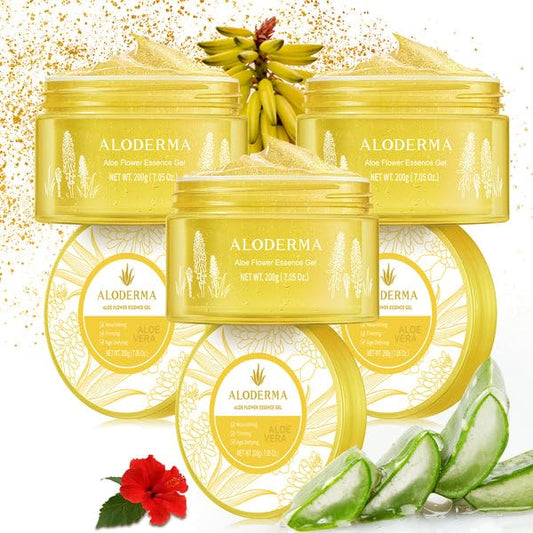 Aloderma Age-Defying Aloe Flower Essence Gel with 24K Gold Leaf, Made within 12 Hours of Harvest - Luxurious Aloe Gel with Allantoin & Hyaluronic Acid for a Shimmering, Youthful Complexion, 7oz 3-Pack