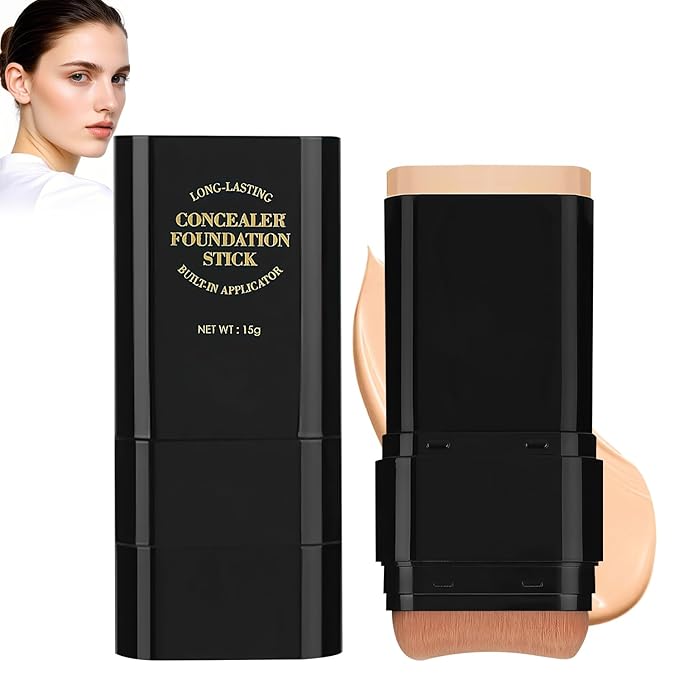 2PCS Long-Lasting Concealer Foundation Stick, Full Coverage Foundation Stick, 2-in-1 Contouring foundation with Brush, Cover Blemishes for All Skin Types (04#Wheat)