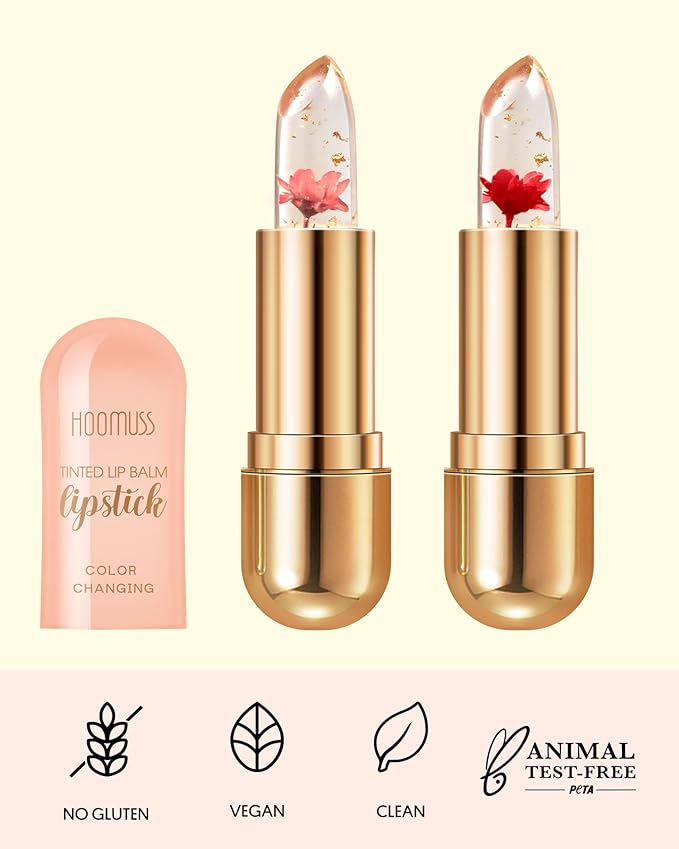 Tinted Lip Balm, Flower Lipstick Tinted Lip Gloss Long Lasting PH Lipstick, Color Changing Lipstick Natural Chapstick, Glitter Pink Shade Lipstick, Pink Flower