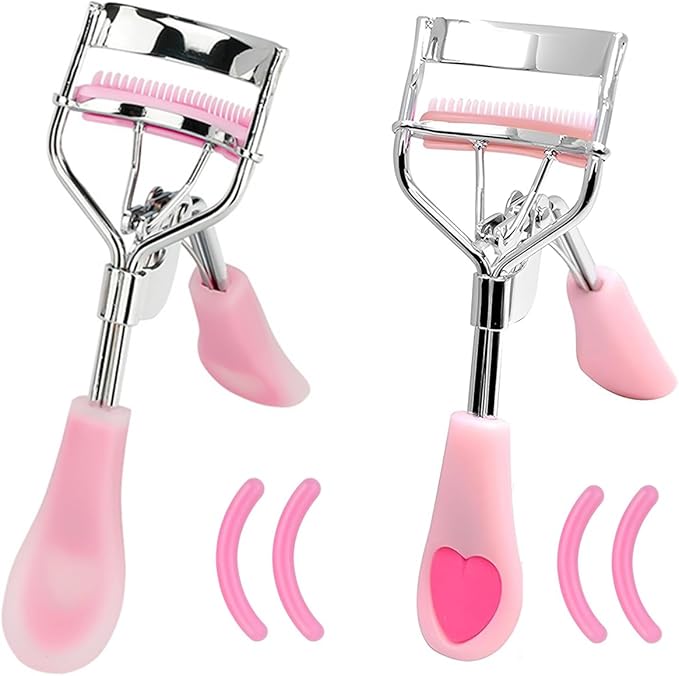 2 Pcs Stainless Steel Eyelash Curler with Built-in Comb Pinch Pain-Free Suitable for Any Eye Shapes and Sizes, with 4 Silicone Refill Pads（Hazy Pink&Light Pink）