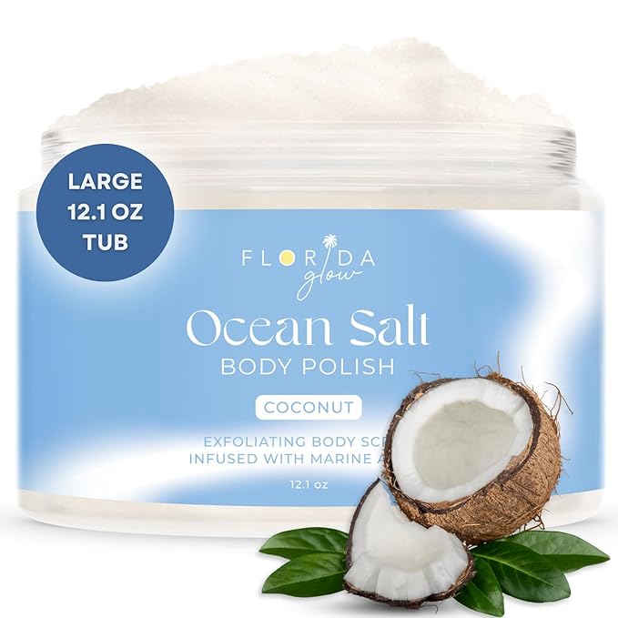 Sea Salt Body Scrub by Florida Suncare - Ocean Salt Body Polish Infused with Marine Algae - Exfoliating Face and Body Scrub - Facial Scrub Exfoliator to Tackle Acne and Scars (Coconut, 12.1 oz)