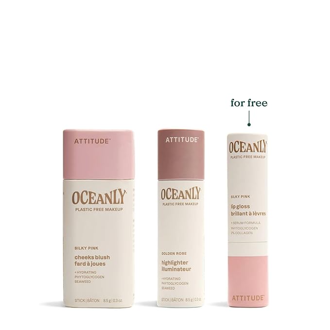 ATTITUDE Silky Pink Makeup Box Set, EWG Verified, Titanium Dioxide-Free, Plastic-free, Plant and Mineral-Based Ingredients, Vegan and Cruelty-free Beauty Products, Set of 3 Makeup Sticks