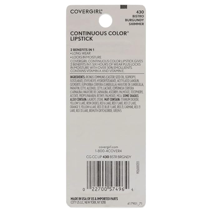 CoverGirl Continuous Color Lipstick - 430 Bistro Burgundy Lipstick Women 0.13 oz