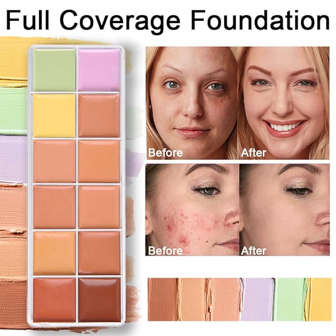 12 Color Correcting Concealer Palette With Concealer Brush, Cream Contouring Makeup Kit, Tattoo Concealer, Corrects Dark Circles Red Marks Scars Light Mediumor creamy concealer B1