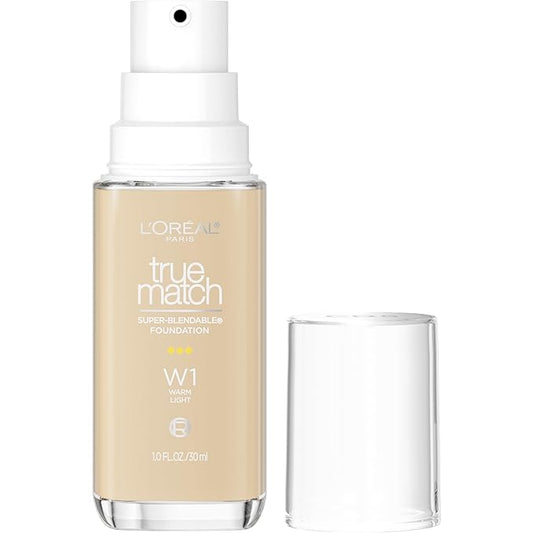 L'Oreal Paris True Match Super-Blendable Foundation, Medium Coverage Liquid Foundation Makeup, W1, Light, 1 Fl Oz
