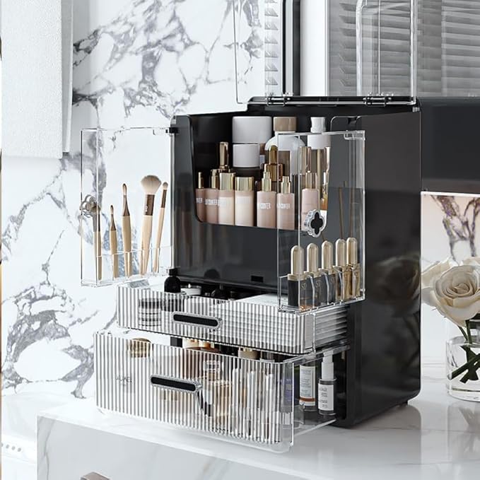 Acrylic Makeup Organizer with Drawers – 38.5CM Large Capacity Cosmetic Storage Box, Dustproof & Waterproof Vanity Organizer for Skincare, Jewelry, Lipsticks & Beauty Products (Black)