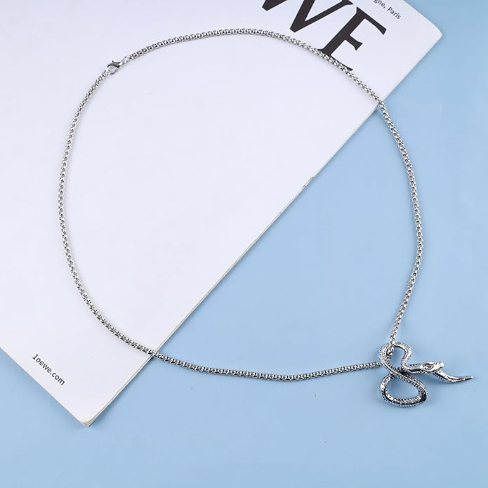Vintage Snake Pendant Necklace Punk Snake Necklace Serpent Choker Necklace Silver Box Chain Necklace Jewelry for Women