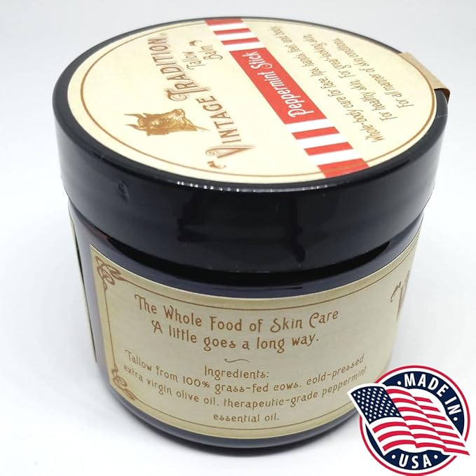 Vintage Tradition Beef Tallow All Purpose Balm - Healing, Hydrating Peppermint Oil Skin Care Salve Replaces Body Lotion, Hand Cream, More - Essential Oil, Olive Oil, and Grass-Fed Tallow, 2 fl. oz.