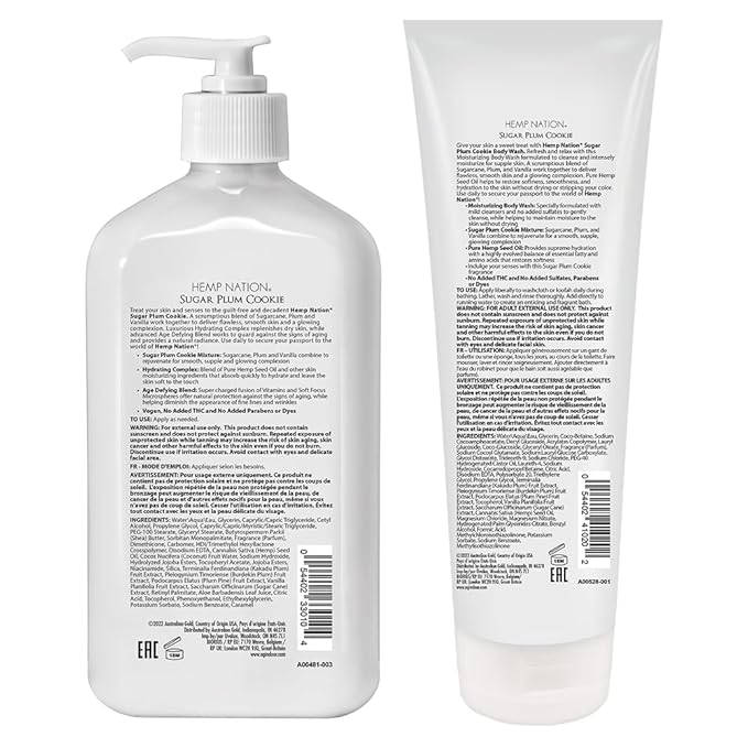 Australian Gold Hemp Nation Sugar Plum Cookie Bundle - Tan Extender Body Lotion (18 FL Oz) and Body Wash (8 FL Oz), Delectable Blend of Sugarcane, Plum, and Vanilla, Pure Hemp Seed Oil