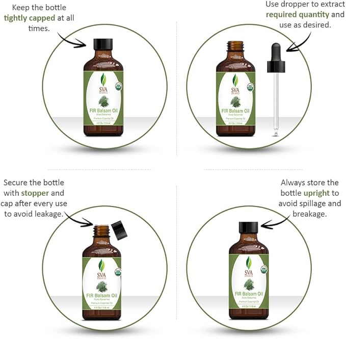 SVA Fir Balsam Essential Oil Organic – 4 Fl Oz – 100% Natural Organic Fir Oil - for Diffuser, Hair Care, Face, Skin Care, Aromatherapy, Scalp and Body Massage, Soap and Candle Making – with Dropper