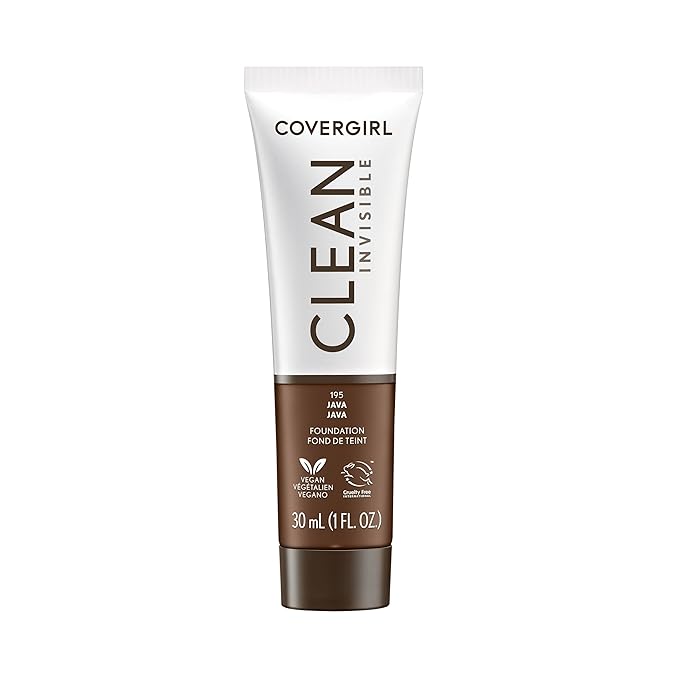 COVERGIRL Clean Invisible Foundation Makeup, Dewy & Glowy Natural Finish, Buildable Coverage, Skin-Like Smooth Look, Vegan, Java, 1oz