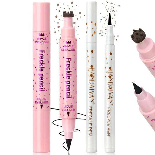 2pcs Freckle Stamp Pen with Eyeliner for Natural Lifelike Faux Freckle 2 in 1 Fake Freckles Stain Marker Pen for Waterproof Long Wear Sunkiss Makeup #Light Brown&Black