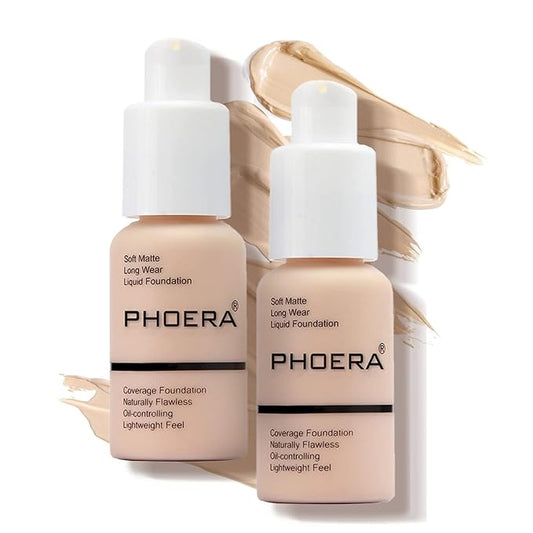 PHOERA Foundation Makeup Naturally Liquid Foundation Full Coverage Mattle Oil-Control Concealer 8 Colors Optional,Great Choice For Gift (2pcs,#101 Porcelain))