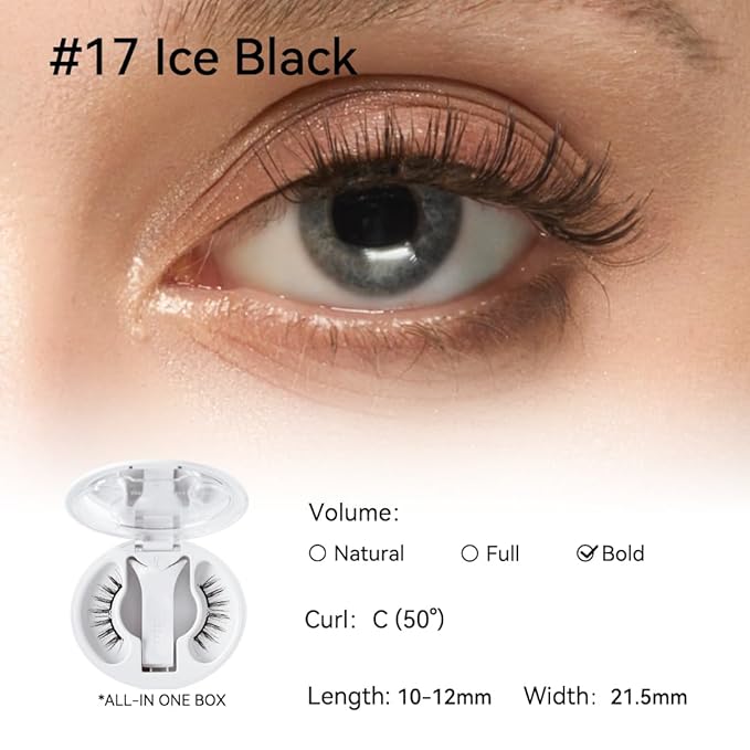Magnetic Eyelashes with Applicator Kit, No.17 Ice Black, Reusable Magnetic Lashes without Eyeliner, Glue-free False Lashes, Waterproof, Lightweight, Suit for Heavy Makeup