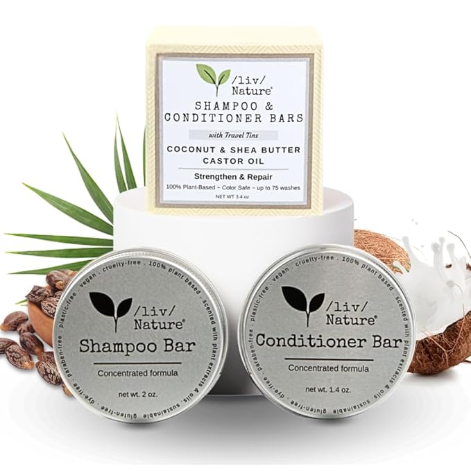 Shampoo Bar and Conditioner Set with Travel Case | Strengthen and Repair Dry Hair | Coconut, Castor Oil, Shea Butter | Made in USA | 2-pk