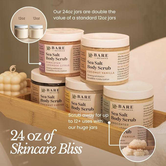 Bare Botanics Coconut Vanilla Body Scrub 24oz | Made in Madison, WI | All Natural Sea Salt Exfoliator w/ Skin Loving Moisturizers | Vegan & Cruelty Free | Gift Ready Packaging w/ a Cute Wooden Spoon