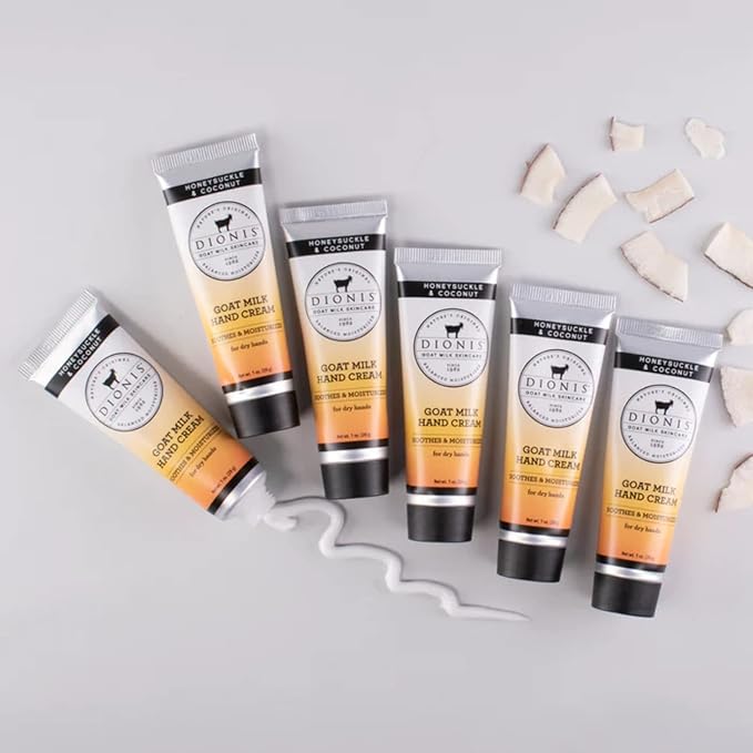 Dionis - Goat Milk Skincare Scented Hand Cream (1 oz) Set of 6, Moisturizing Lotion for Dry Skin, Good for Sensitive Skin, Cruelty-free and Paraben-free (Honeysuckle & Coconut)