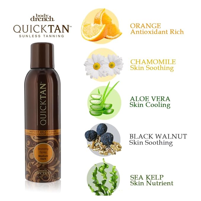 Body Drench QuickTan Instant Self Tanner Bronzing Spray, Salon-Quality Medium Dark Tan, Streak-Free, All Natural Self Tan, Tinted Formula, 6 oz (2-Pack)