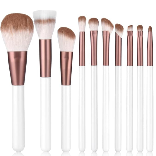 Makeup Brushes Set With Case 10Pcs White Makeup Brush Kit Foundation Eyeshadow Powder Blending Kabuki Eyebrow Eyelash Brushes Cosmetic Brush Travel Kit Gift (White+Brown)