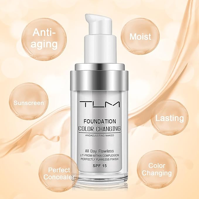 2 PACK TLM Color Changing Foundation Liquid Base,TLM Concealer Cover Cream,All Day Flawless Warm Skin Tone BB Cream Makeup Base Concealer for All Skin SPF15