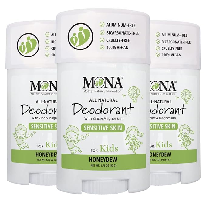 MONA All Natural Deodorant for Kids | Safe for Kids | Vegan, Hypoallergenic & Free from Baking Soda, Aluminum & Synthetic Scents (3-PK HONEYDEW 1.76 Oz each)