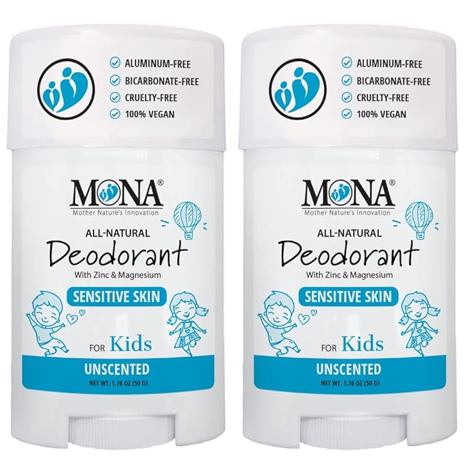 MONA Brands UNSCENTED All Natural Deodorant for Kids | Safe for Kids, Preteens, Teens, Boys and Girls | Baking Soda Free, Aluminum Free, Vegan (2-PK UNSCENTED 1.76 Oz each)