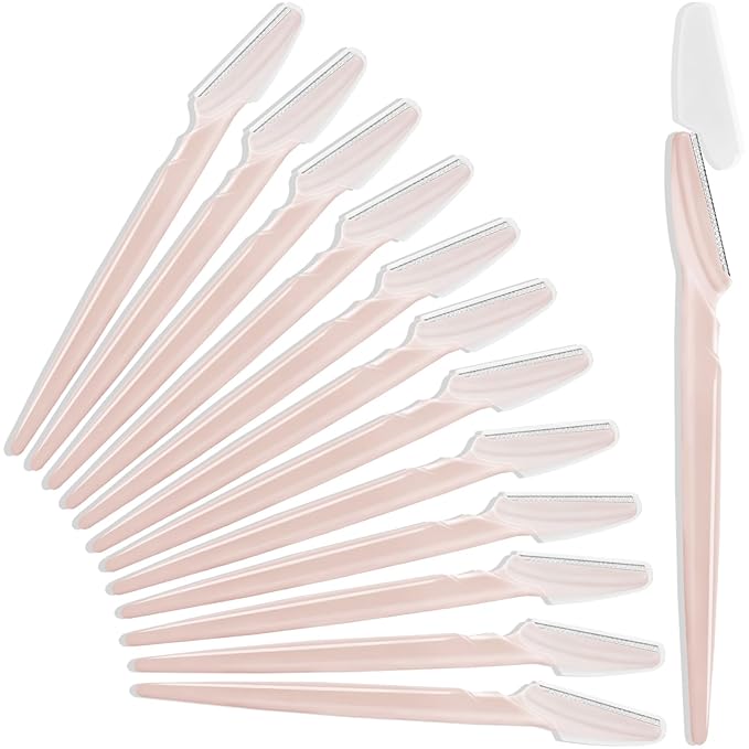 12 Pcs Eyebrow Razors, Face Razors Multipurpose, Exfoliating Dermaplaning Tools, Eyebrow Trimmers Shaver with Safety Cover, Facial Hair Removal for Women Men Body Use (Light Pink)