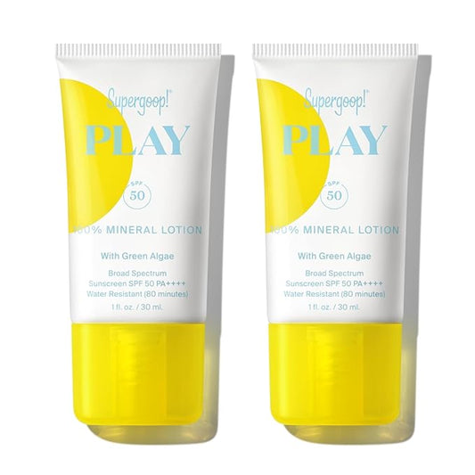 Supergoop! PLAY 100% Mineral Lotion - 1 fl oz, Pack of 2 - Broad Spectrum SPF 50 Sunscreen for Face & Body - Lightweight, Fast Absorbing, Water Resistant - With Green Algae