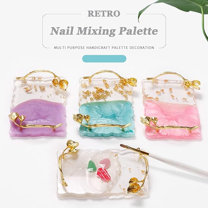 2023 Retro Nail Art Palette, Nail Painting Mixed Color Palette with Leaves Handle, Nail Holder Gel Color Makeup Display Board Pallet (White)