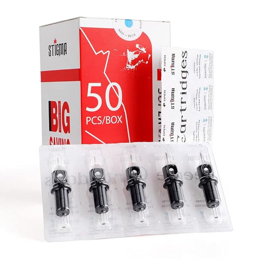 STIGMA #10 Bugpin Disposable Tattoo Needle Cartridges 50Pcs Assorted Sizes 1RL, 3RL, 5RL, 7RL, 9RL 0.3mm of Round Liner for Rotary Tattoo Machines 50Pcs EN05-50KIT-W