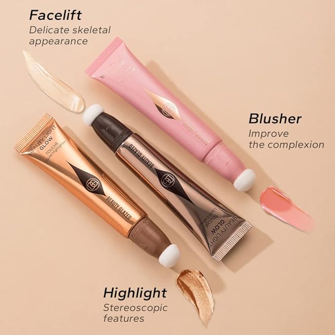 Liquid Contour+Highlighter Blush Stick+Liquid Blush Stick, Smooth Creamy (Contour+Blush#01+Highlighter #01)