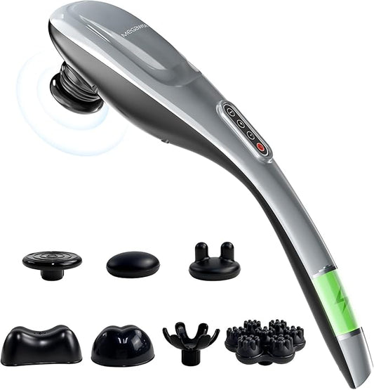 MEGAWISE Handheld Back Massager | Deep Tissue Percussion Massage for Back, Neck, Shoulders, Waist and Legs (Cordless Silver)