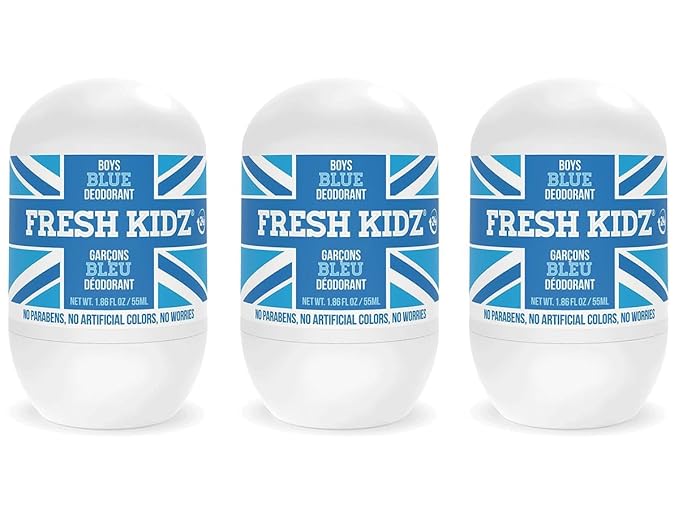 Fresh Kidz Roll On Deodorant for Kids and Teens - Baking Soda and Aluminum-free 24 Hour Protection for Sensitive Skin - Boys "Blue" 1.86 fl.oz. (3 Pack)
