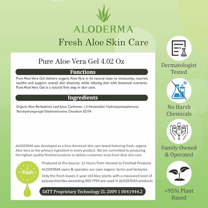 Aloderma 99% Organic Aloe Vera Gel for Face Made within 12 Hours of Harvest, Natural Hydrating Pure Aloe Vera Gel for Soothing Skincare, Moisturizing Aloe for Skin, Face, Sensitive Skin, 4oz - 6ct