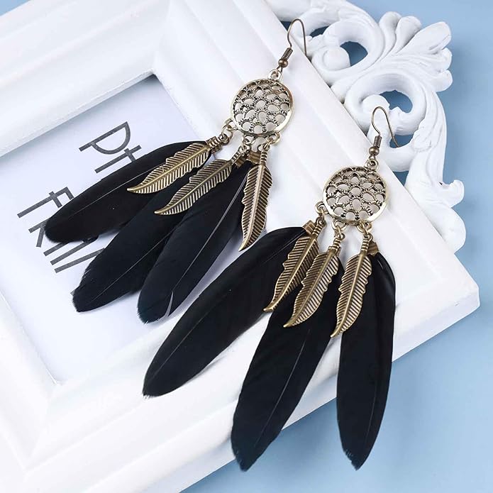 Boho Black Feather Dangle Earrings Long Feather Tassel Earrings Vintage Tribal Feather Earrings Gold Feather Drop Earrings Jewelry for Women