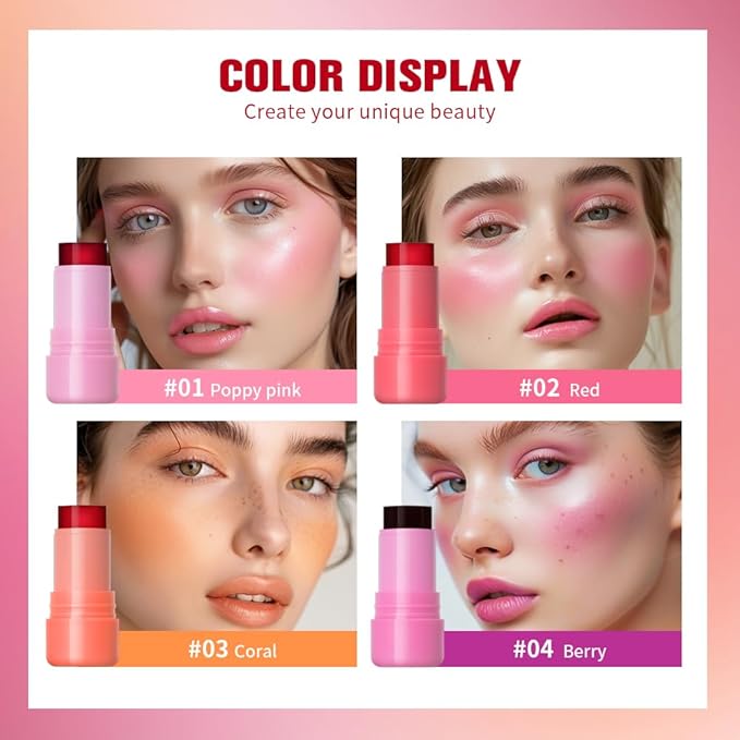 Multi-Use Cooling Water Jelly Blush/Lip Tint & Eye Shadow - Sheer Stain withBuildable Watercolor Finish - Long-Lasting Moisture - 1,000+ Swipes Per Stick - Jelly Texture for Lip & Cheek (Red)