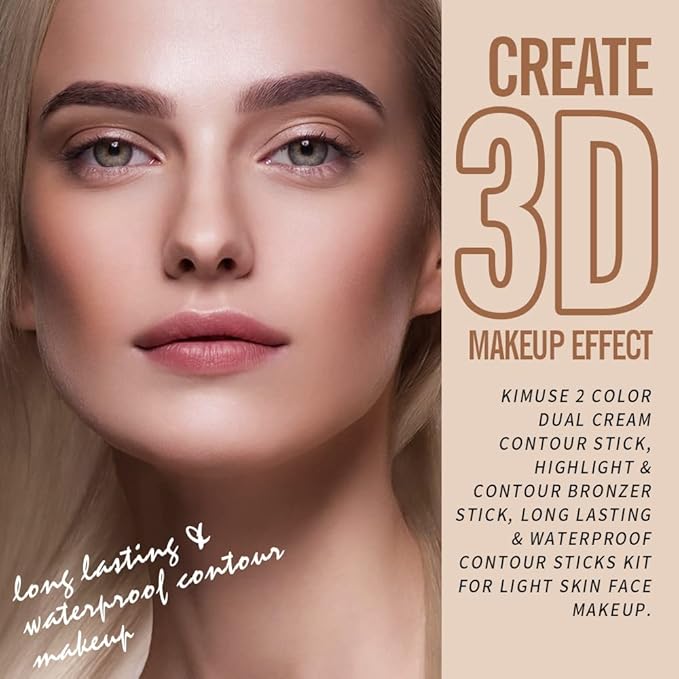 KIMUSE 2 Color Dual Cream Contour Stick, Highlight & Contour Bronzer Stick, Long Lasting & Waterproof Contour Sticks Kit for Light Skin Face Makeup